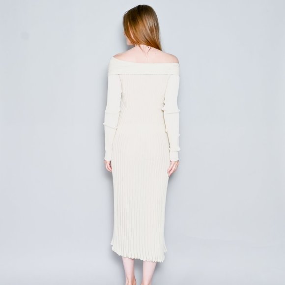 GIA STUDIOS Off-the-Shoulder Ribbed-Knit Midi Dress Cream Sz 38 - Picture 6 of 8